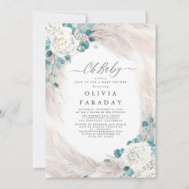 Weiße Blume Pampas Grass Kinderdusche Einladung