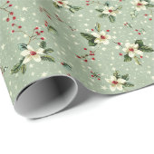 Weiße Blume, rote Berries: Grüne Blätter Geschenkpapier (Rolleneckpunkt)