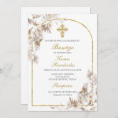 Weiße Blume Taufe Spanisch Einladung (Vorne/Hinten)