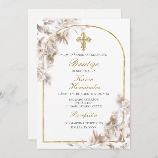 Weiße Blume Taufe Spanisch Einladung (Vorne/Hinten)