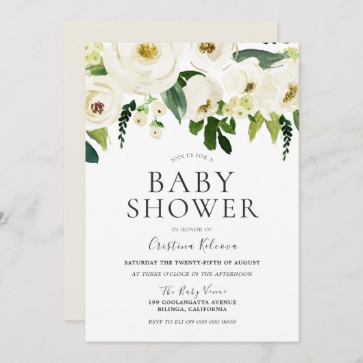Weiße Blume und Creme Elegante Babydusche Einladung (Vorne/Hinten)