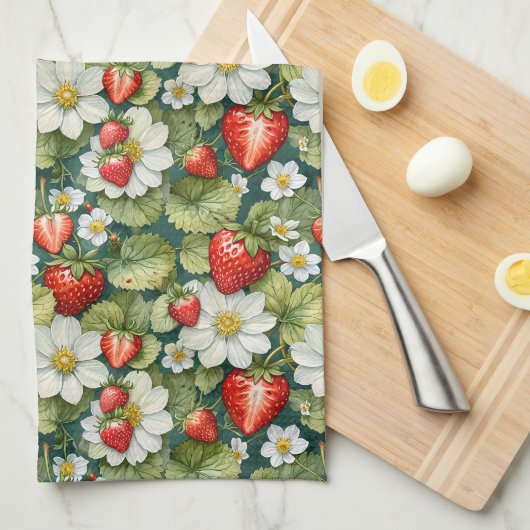 Weiße Blume und Erdbeere Geschirrtuch (Viertel Falte)