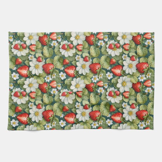Weiße Blume und Erdbeere Geschirrtuch (Horizontal)
