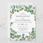 Weiße Blume und Eukalyptus Wedding Einladung (Vorderseite)