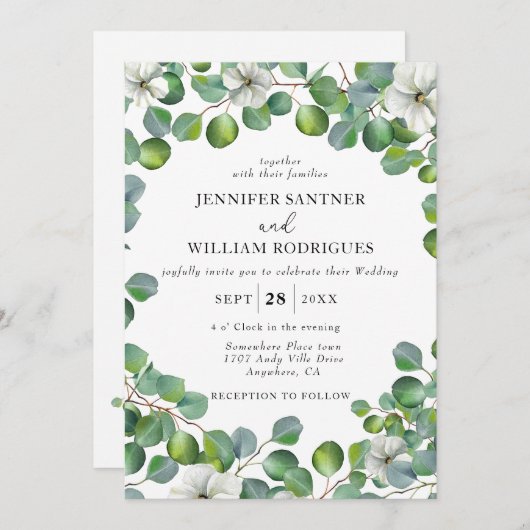 Weiße Blume und Eukalyptus Wedding Einladung (Vorne/Hinten)