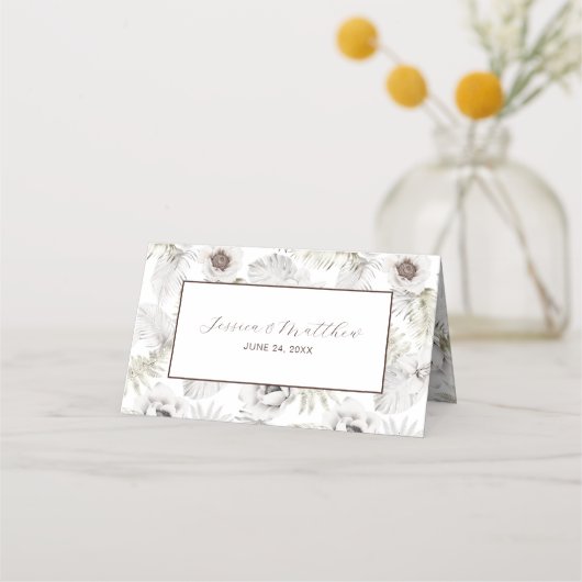 Weiße Blume und Federn Platzkarte (Rückseite)