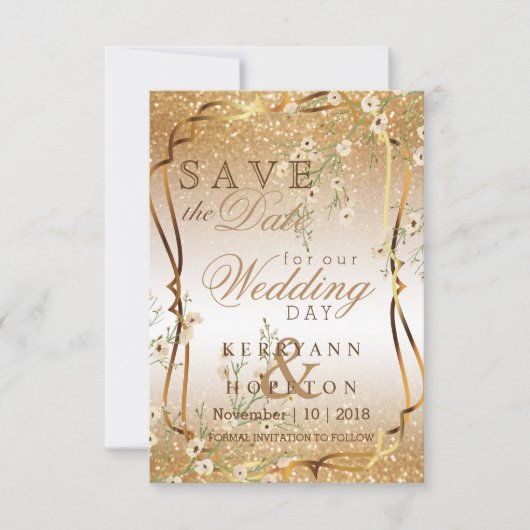 Weiße Blume und Gold Glitzer Save The Date (Vorderseite)