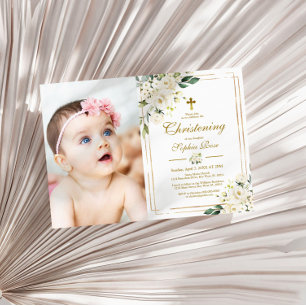 Weiße Blume und Goldrahmen Foto Girl Christening Einladung