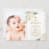 Weiße Blume und Goldrahmen Foto Girl Dedication Einladung (Vorderseite)