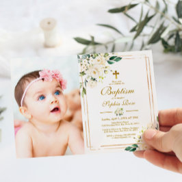 Weiße Blume und Goldrahmen Foto Girl Taufe Einladung