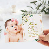 Weiße Blume und Goldrahmen Foto Girl Taufe Einladung