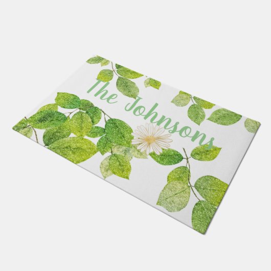 Weiße Blume und Grüne Blätter Garten Fußmatte (Schrägansicht)