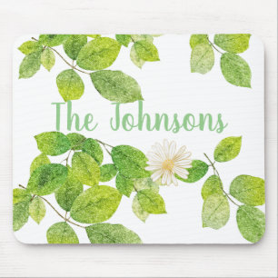 Weiße Blume und Grüne Blätter Garten Mousepad