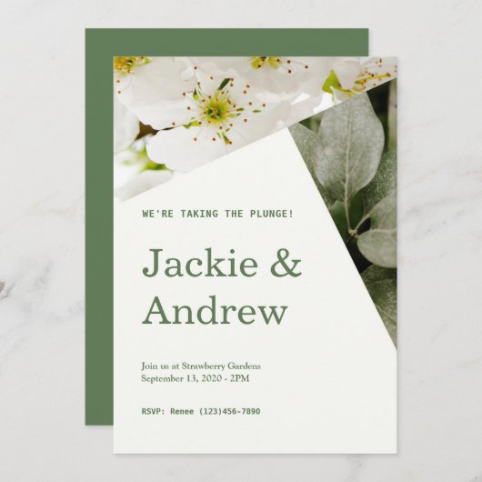 Weiße Blume und Grüne Einladung zur Hochzeit (Vorne/Hinten)