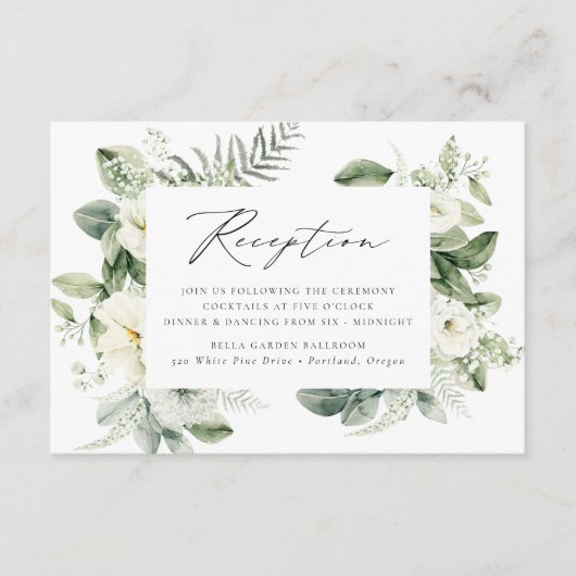 Weiße Blume und Grüne Hochzeitsempfang Begleitkarte (Vorderseite)
