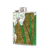 Weiße Blume und grüne Stiele an der braunen Grenze Flachmann (Links)