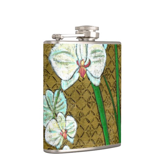 Weiße Blume und grüne Stiele an der braunen Grenze Flachmann (Rechts)