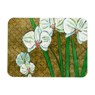 Weiße Blume und grüne Stiele an der braunen Grenze Magnet