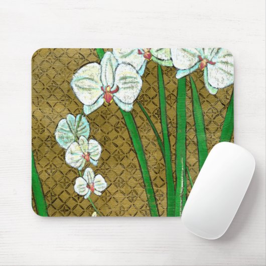Weiße Blume und grüne Stiele an der braunen Grenze Mousepad (Mit Mouse)