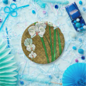 Weiße Blume und grüne Stiele an der braunen Grenze Pappteller (Party)