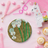 Weiße Blume und grüne Stiele an der braunen Grenze Pappteller (Party)