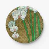 Weiße Blume und grüne Stiele an der braunen Grenze Pappteller (Vorderseite)