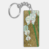 Weiße Blume und grüne Stiele an der braunen Grenze Schlüsselanhänger (Vorderseite links)