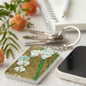 Weiße Blume und grüne Stiele an der braunen Grenze Schlüsselanhänger (Vorderseite rechts)