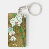 Weiße Blume und grüne Stiele an der braunen Grenze Schlüsselanhänger (Rückseite)
