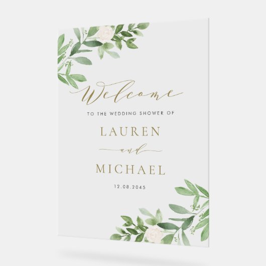 Weiße Blume und Grüner Polterabend Acrylschild (Winkel)