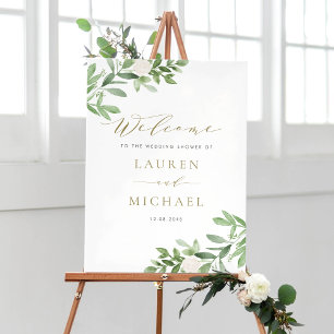 Weiße Blume und Grüner Polterabend Willkommen Poster