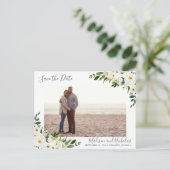 Weiße Blume und grünes Foto Save the Date Postkart Postkarte (Stehend Vorderseite)