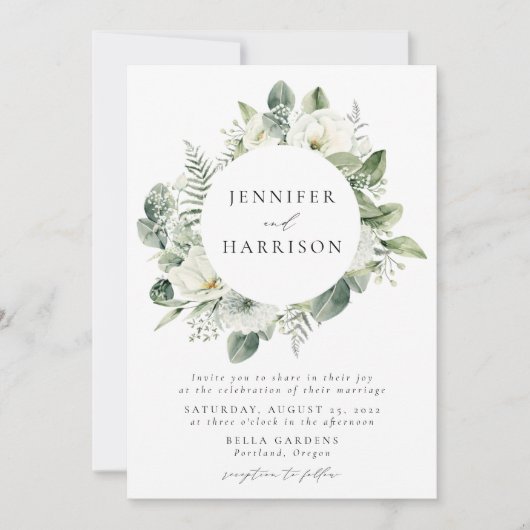 Weiße Blume und Grünkraut Hochzeit Einladung (Vorderseite)