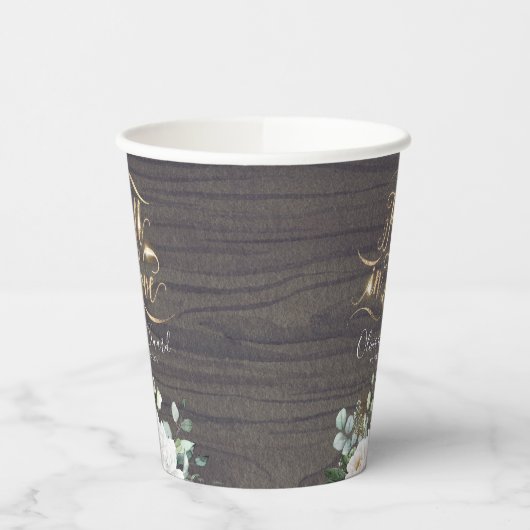 Weiße Blume und Grünpflanzen Rustikaler Fall in Li Pappbecher (Links)