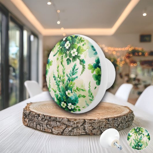 Weiße Blume und Grünpflanzen Wasserfarbe Keramikknauf