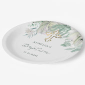 Weiße Blume und Grüntaufe Papiere Teller (Schrägansicht)