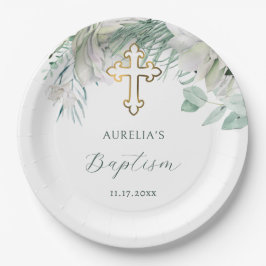 Weiße Blume und Grüntaufe Papiere Teller