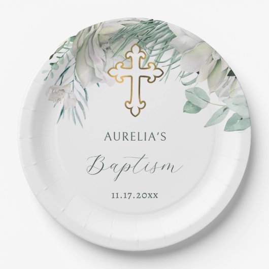 Weiße Blume und Grüntaufe Papiere Teller (Vorderseite)