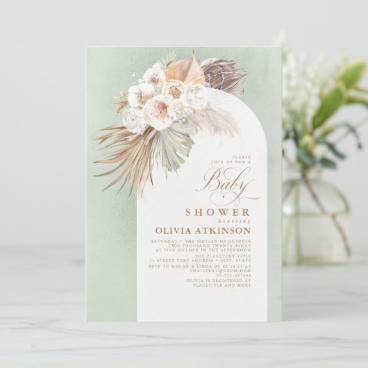 Weiße Blume und Pampas Grass Boho Babydusche Einladung (Stehend Vorderseite)
