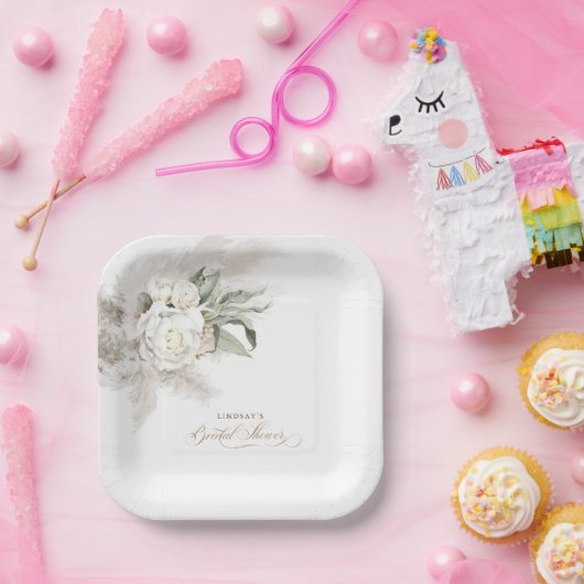 Weiße Blume und Pampas Grass Boho Brautparty Pappteller (Party)