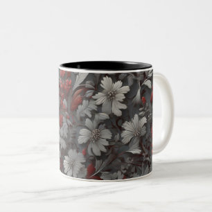 Weiße Blume und rote Blätter auf grauem Hintergrun Zweifarbige Tasse