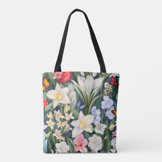 Weiße Blume und Schmetterlinge Tasche (Rückseite)