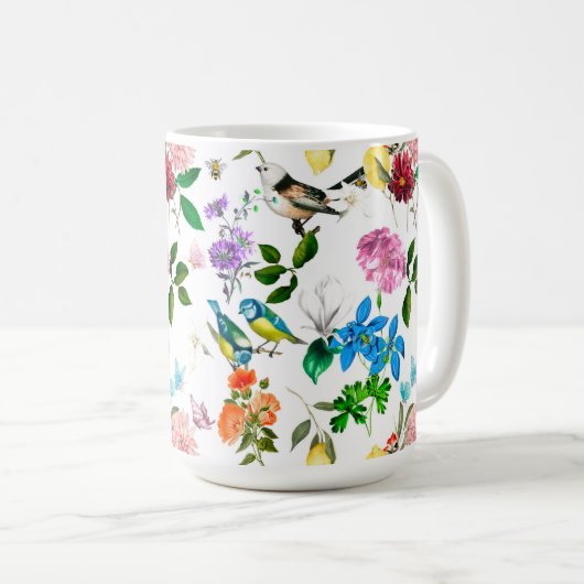 Weiße Blume, Vögel, Bienen, Zitrone, Schmetterling Kaffeetasse (VorderseiteRechts)