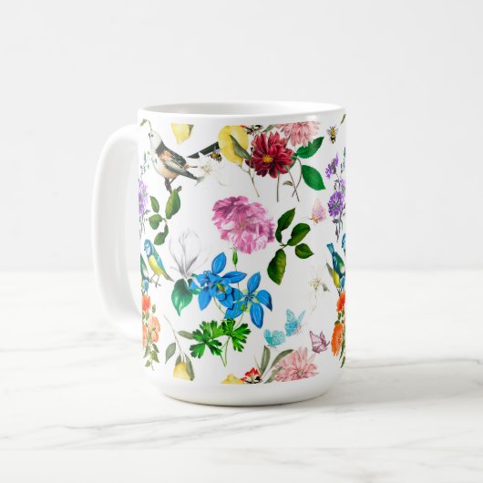 Weiße Blume, Vögel, Bienen, Zitrone, Schmetterling Kaffeetasse (Vorderseite Links)