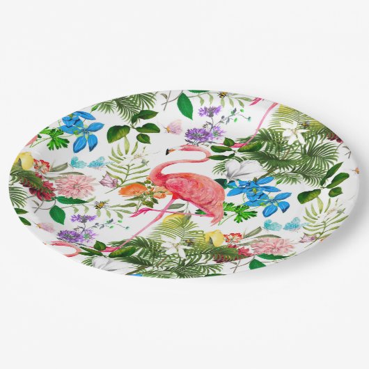 Weiße Blume, Vögel, Flamingo, Bienen, Pappteller (Schrägansicht)