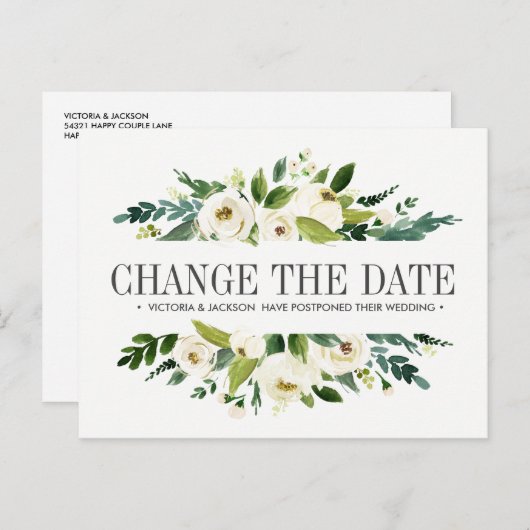 Weiße Blume WEDEN ÄNDERN DAS DATUM POSTPONEMENT Ankündigungspostkarte (Vorne/Hinten)