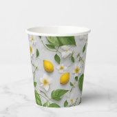 Weiße Blume Zitronen Grüne Blätter Muster auf Weiß Pappbecher (Links)