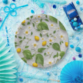 Weiße Blume Zitronen Grüne Blätter Muster auf Weiß Pappteller (Party)