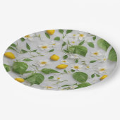 Weiße Blume Zitronen Grüne Blätter Muster auf Weiß Pappteller (Schrägansicht)