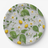 Weiße Blume Zitronen Grüne Blätter Muster auf Weiß Pappteller (Vorderseite)